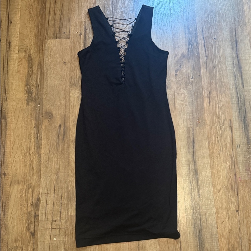Bardot Black Lace-Up V-neckline Dress